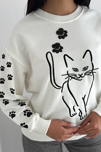FEMELLE White Cat Pattern Beaded 100% Cotton Sweatshirt