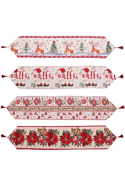 Flippy Christmas Table Runner, Knitted Thick Fabric, Ornaments & Reindeer, 173x34x0.2 cm, White/Red