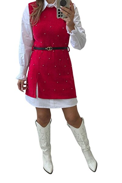 MAXORA SHOP Rochie cămașă cu vestă raiată și inserții metalice