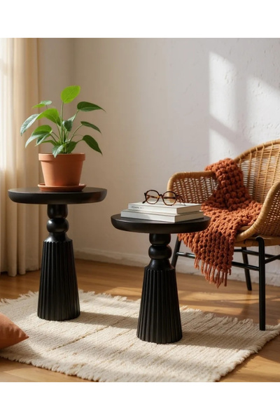 ASELYA HOME Doğal Ahşap 2’li Set Siyah Renk Mantar Yan Sehpa Modern Fiskos Zi...