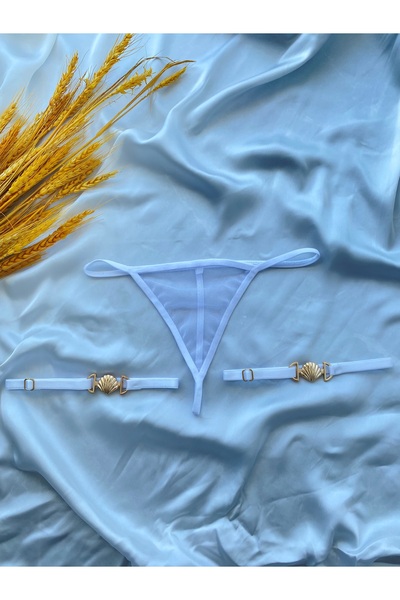 Maly Love Kadın Beyaz Tül Tanga ve Ayarlanabilir Deniz Kabuğu Detaylı Bacak Aksesuarı Seti