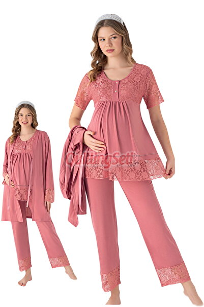 quilling Dusty Rose Color Lace Detailed 3-Piece Long Sleeve Maternity Pajama Set with Dressing Gown 52298