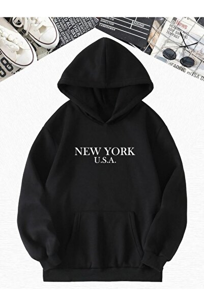 BENROMA Φούτερ με κουκούλα με στάμπα ΝΕΑ ΥΟΡΚΗ Η.Π.Α. με 3 κλωστές, χτενισμένο βαμβάκι, μαύρο, oversize