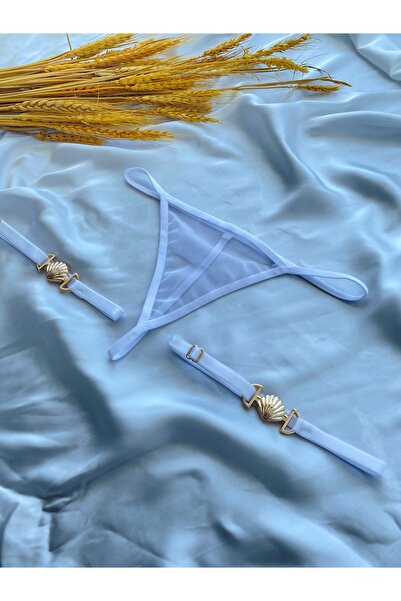 Maly Love Kadın Beyaz Tül Tanga ve Ayarlanabilir Deniz Kabuğu Detaylı Bacak Aksesuarı Seti