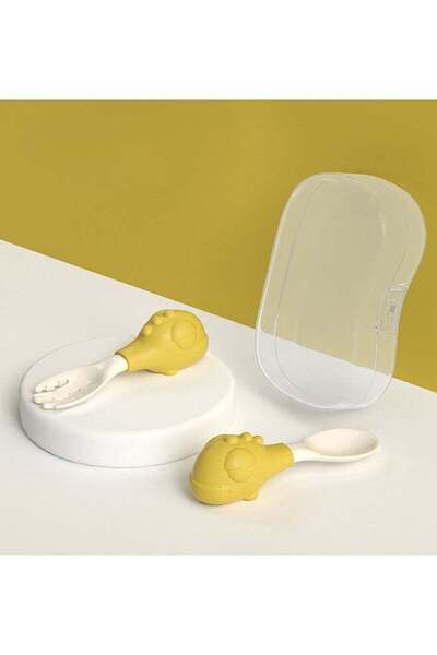 kiddoz شوكة وملعقة ديناصور - علبة - أصفر