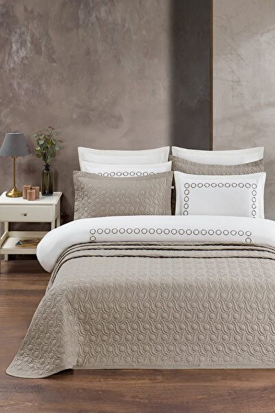 PASIONI طقم غطاء لحاف مزدوج من إيما مطرز من قطن الساتان بنسبة 100% باللون البيج