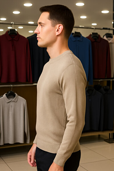 Maccali Men's Crew Neck Striped Cream Sweat Sweater