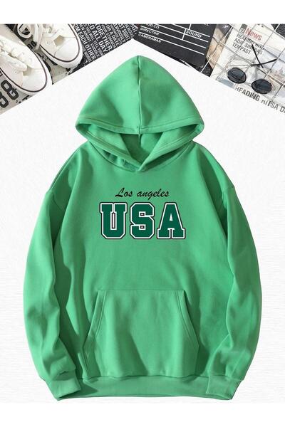 BENROMA Φούτερ με κουκούλα με στάμπα LOS ANGELES, 3 ΚΛΕΙΔΕΣ ΠΡΑΣΙΝΟ ΧΛΑΜΑΔΑΜΑΤΟ ΥΦΑΣΜΑΤΟΣ