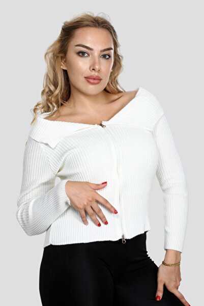 NEWCO Zipper-Detailed Scarf-Collar Cardigan Sweater Stylish Comfortable Flexible Standard Daily Office Stylishness