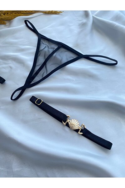Maly Love Kadın Siyah Tül Tanga ve Ayarlanabilir Deniz Kabuğu Detaylı Bacak Aksesuarı Seti