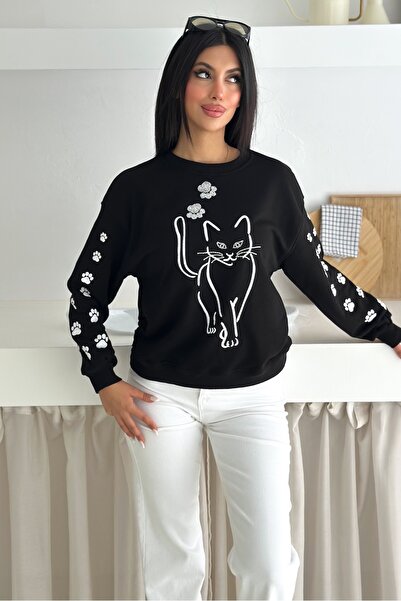 FEMELLE Black Cat Pattern Beaded 100% Cotton Sweatshirt