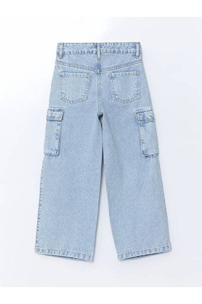 LC Waikiki Lcw Kids Blue Girls' Cargo Jean Pants with Adjustable Elastic Waist