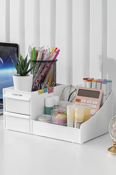 Fesya Home Elegance Desktop Organizer with Drawer Pen Holder Office Organizer - White