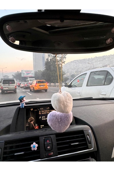 senfida Lila beyaz kalpler dikiz süsü otomobil dikiz aynası süsü peluş kalple...