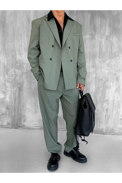 ablukaonline Men's Oversize Comfortable Fit Double Breasted Suit Khaki Green