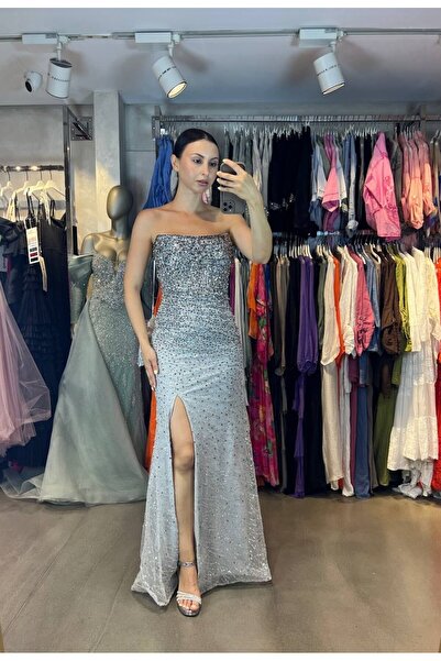 Hanımefendi Giyim Işıltılı Taş Detaylı Straplez Abiye Elbise