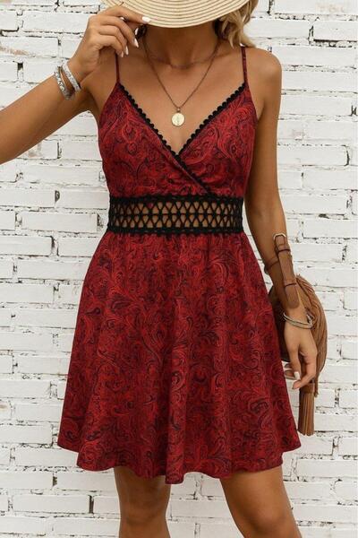 Aymood Women's Double Breasted Collared Patterned Mini Single Jersey Mini Dress with Rope Straps