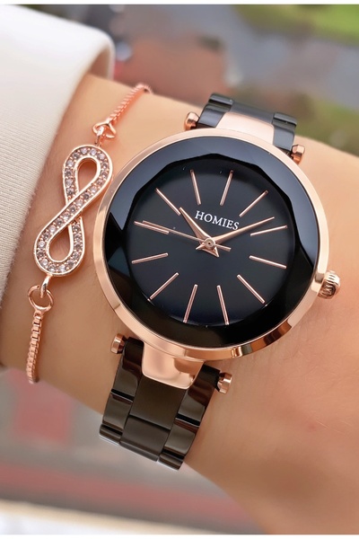 Homies Women's Wristwatch with Black Dial and Infinity Figured Bracelet Set -...