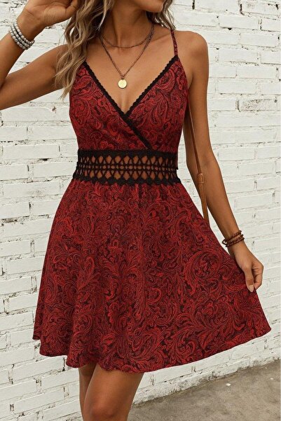 Aymood Women's Double Breasted Collared Patterned Mini Single Jersey Mini Dress with Rope Straps