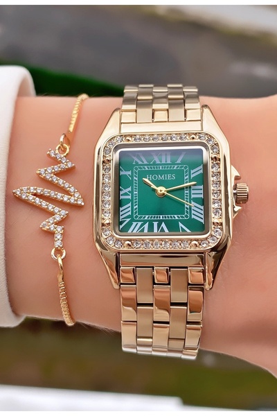 Homies Women's Watch and Bracelet Set with Green Dial – Gold Color Square Design