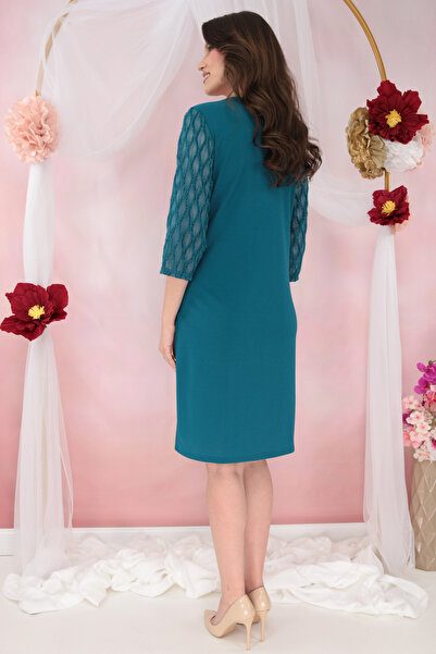 Trend Land Elegant turquoise dress with 3D glitter lace inserts