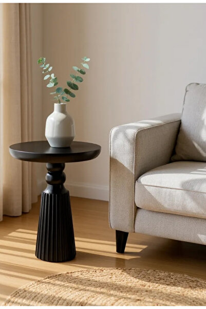 ASELYA HOME Doğal Ahşap Tekli Siyah Renk Mantar Yan Sehpa Modern Fiskos Çiçeklik