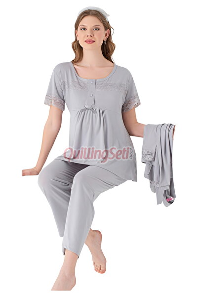 quilling Gray Colored Lace Detailed Crew Neck 3-Piece Long Sleeve Maternity Pajama Set with Dressing Gown 52969