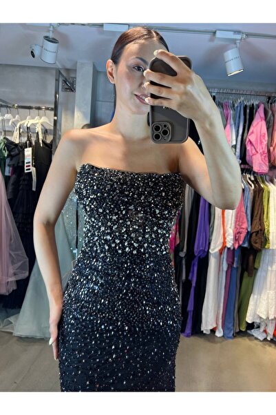 Hanımefendi Giyim Işıltılı Taş Detaylı Straplez Abiye Elbise