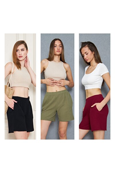 ESPOİRPLUS Women's Summer Muslin Fabric Comfortable and Fresh 3-Piece Shorts with Pocket Detail