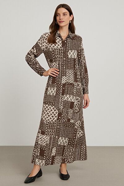 Rich Γυναικείο μακρυμάνικο φόρεμα με καφέ και λευκό σχέδιο με κουμπιά μέχρι το πάτωμα