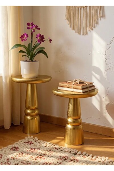 ASELYA HOME Doğal Ahşap 2’li Set Altın Renk Mantar Yan Sehpa Modern Fiskos Zi...