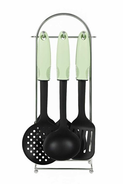 Tradeo مجموعة أدوات المطبخ مع حامل، أدوات طبخ من النايلون مكونة من 3 قطع، تتضمن مغرفة ومغرفة وملعقة مسطحة