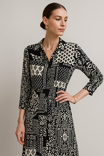 Rich Women's Black and White Patterned Long Sleeve Buttoned Waist Maxi Shirt Dress