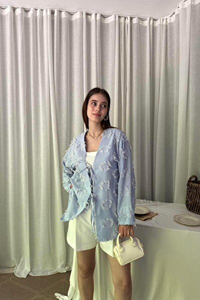 lizge giyim BAĞLAMA DETAYLI KESME KETEN KİMONO