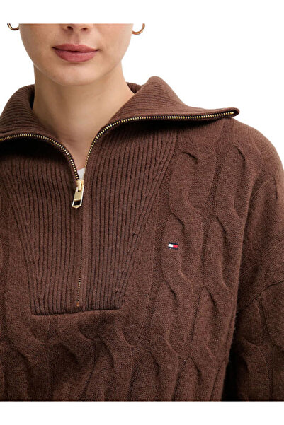 Tommy Hilfiger Kadın Kapitone Desenli Yarım Fermuarlı Yumuşak Yünlü Örgü Kahverengi Kazak WW0WW46425-GV0