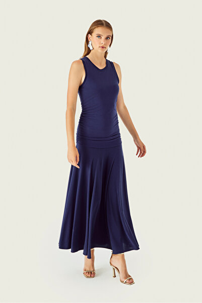 Naramaxx Büzgü Detaylı Eteği Volanlı Lacivert Uzun Örme Elbise