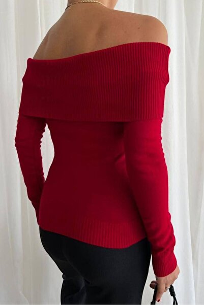 bayansepeti Women's Red Madonna Collar Knitwear Sweater 0109