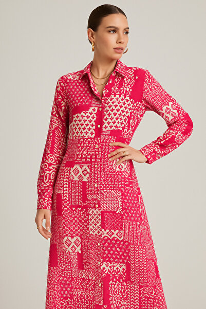 Rich Women's Fuchsia White Patterned Long Sleeve Buttoned Maxi Shirt Dress