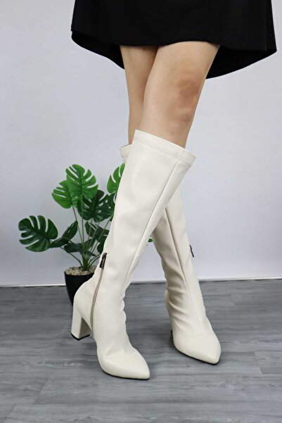 Shu Mhu Жіночі черевики з гострим носком, висотою 10 см, зручним каблуком, еластичною підошвою, зимові, кремового кольору.