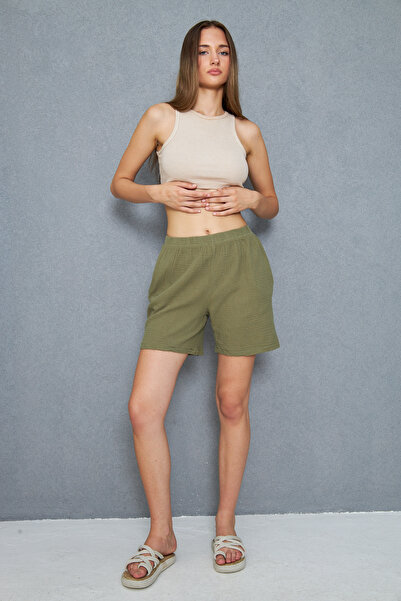 ESPOİRPLUS Women's Summer Muslin Fabric Comfortable and Fresh 3-Piece Shorts with Pocket Detail