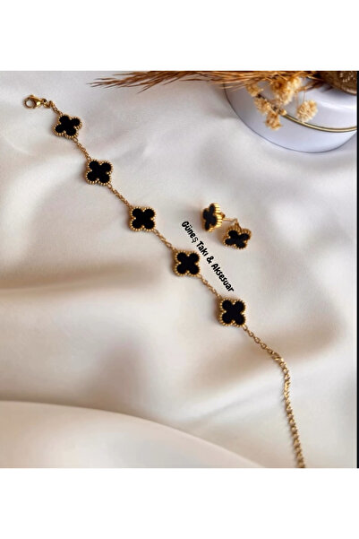 GUNESTAKI Gold Siyah Küpe Çelik Bileklik 2li Set