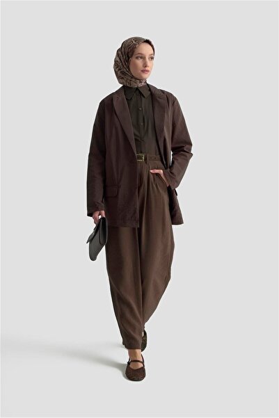 Armine Beli Lastikli Pileli Pantolon 25KD9005 Kahverengi