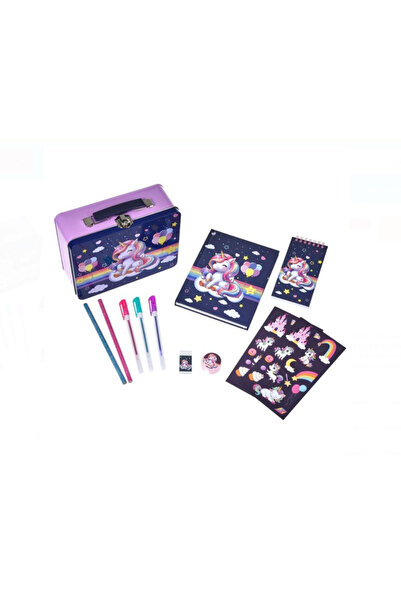 OEM Penar metalic cu rechizite pentru scoala, 11 accesorii, model cu unicorn