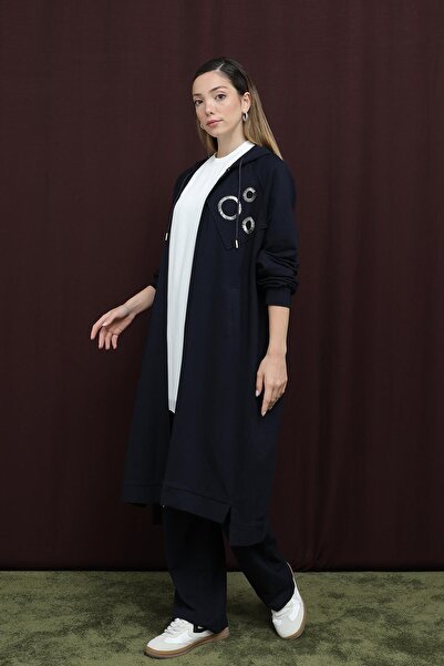 Puane Kadın Aplike Detaylı Fermuarlı Kapüşonlu Takım - 14393TKS - Lacivert