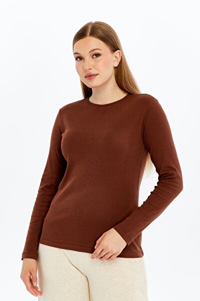 defys Kadın Bisiklet Yaka Uzun Kollu Regular Fit Basic Tişört Koyu Kahve