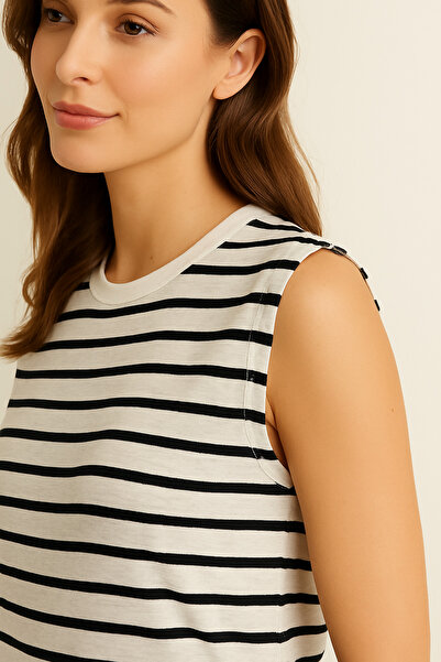 Ramior Women's Navy Blue-White Striped Sleeveless Basic T-Shirt