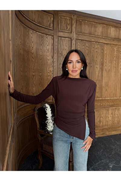 BOLESA GİYİM Kahve Omzu Vatkalı ve Piliseli Bluz