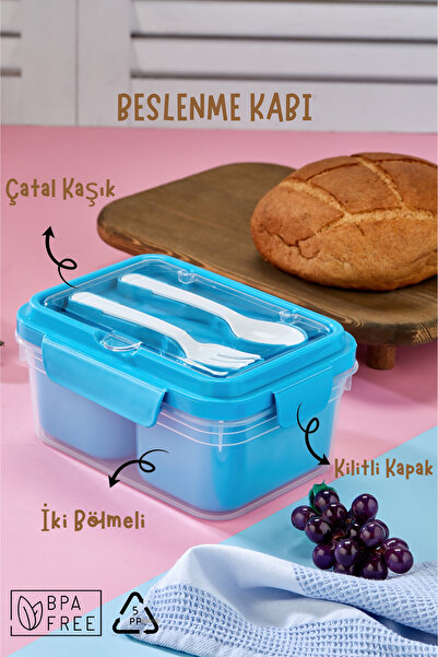 Espas Home Two-Compartment Lunch Box with Fork-Spoon Compartment and Locking Lid and Food Storage Container - Blue