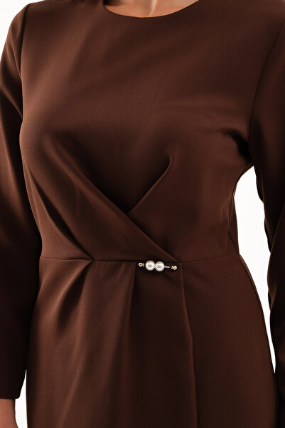 Lafaba Kadın Kahverengi İnci Detay Midi Davet Elbisesi