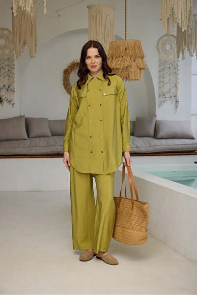 Moodbasic PREMİUM BY MOODBASİC ÇITÇITLI İPEK CUPRA TAKIM-Olive - 2 BEDEN